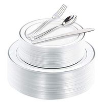 200 Pieces Silver Disposable Plates with Plastic Silverware, Premium Heavyweight Silver Plastic Plates Includes: 40 dinner Plates 10.25", 40 Dessert Plates 7.5", 40 Knives, 40 Forks, 40 Spoons