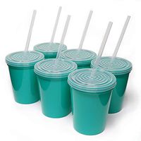 Rolling Sands 16oz Reusable Plastic Stadium Teal Cups with Lids, 6 Pack, USA Made. BPA-Free Dishwasher Safe Plastic Tumblers and Lids, Includes 6 Reusable Straws