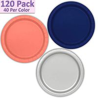 120 Paper Dessert Plates (7") - Navy Blue, Coral, Silver - 40 Per Color, 3 Colors - Great Assortment for Birthday Parties, Weddings, Holidays, Baby Shower, Celebrations, and more