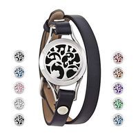 Alaxy Essential Oils Diffuser Bracelet Leather Band, Carving Round Stainless Steel Aromatherapy Locket Bracelets Leather Band with 10 Color Pads, Gifts for Women (Tree of Life (Black))