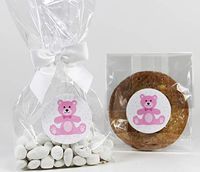 Pink Teddy Bear Baby Girl Shower Treat Party Favor Bag Set with Stickers & Twist-Tie Satin Bows. 10 Ready-to-Use 11x5x3 Clear Cellophane Goodie Gift Bags, Bows and Stickers. Pink, White, Clear