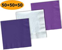 150 Beverage Napkins, Grape Purple, Bright White, Amethyst - 50 Each Color. 2 Ply Paper Cocktail Napkins. 5" folded, 10" unfolded.