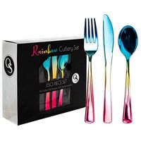 150 Pack Rainbow Plastic Silverware, Blue Gold Pink| 50 Knives 50 Forks 50 Spoons| Heavy Duty, Disposable & Reusable Cutlery Flatware Utensils Set| Party Weddings Bridal & Baby Shower Birthdays
