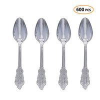 Plastic Silver Spoons 600 Pcs - Heavyweight Disposable Spoons Party Set - Heavy Duty Fancy Baroque Silverware - Bulk Cutlery Utensils Flatware Supplies For Wedding, Easter, Birthday & All Occasions
