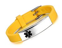 JF.JEWELRY Medical ID Alert Bracelet for Men Silicone Band & Stainless Steel Tag Free Engraving-Yellow
