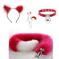 Cute Plush Cat Ear Headband + Bell Collar Choker Costume Accessory - Fox Tail Pl-úg an-àl Set (Rose Red-White,M)