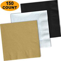 150 Lunch Napkins, Glittering Gold, Bright White, Midnight Black - 50 Each Color. 2 Ply Paper Dinner Napkins. 6.5" folded, 13.5" unfolded.