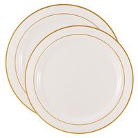 Party Joy ‘I Can’t Believe It’s Plastic’ 200-Piece Plastic Bowl Set | Gold Lines Collection | Heavy Duty Premium Plastic Plates for Wedding, Parties, Camping & More