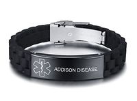 VNOX Addison Disease Medical Alert ID Black Silicone Rubber Stainless Steel Adjust Bracelet Wristband for Men