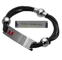 Type 1 Diabetes Medical Alert 316L Stainless Steel and Leather Unisex Bracelet, 8.5