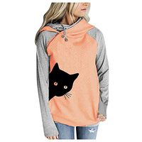 HNTDG Women Cat Printing Hooded Drawstring Long Sleeve Cowl Neck Casual Cotton Blouse Sweatshirt Orange