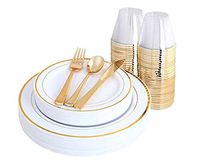 BLACK SWAN 150 pcs Gold Rim Plates & Plastic Disposable Silverware & Gold Rim Cups, Disposable Dinnerware/Cutlery/Party Tableware for 25 Guest includes: 25 Dinner Plates, 25 Dessert Plates, 25 Tumbler