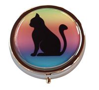 Cat Silhouette Round Three Compartment Metal Pocket/Purse/Travel Pill Box Case (Multi-Colored)