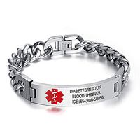 DIB Free Engraving Stainless Steel Medical Alert ID Bracelets Men Women Silver, Wrist Link Chain 8.5"