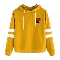 Women Applique Rose Striped Drawst Hoodie Sweatshirt Long Sleeve Pullover Sweatshirt Coats Jumper Crop Pullover Top ZYAPCNGN