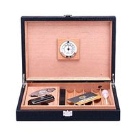 Smoking Set/Cigar Box Can Hold 20 Cigars Hygrometer with Cigar Cutter and Humidifier Portable Travel Compact Cigarette Case Cedar Lining Quality Leather Men's Gift Box Black Mute