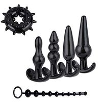 Beginner Anales Trainer Kits Silicone A+nal Plug with T-bar Base Toys Black Pack of 5PCS + 1 Free Ring