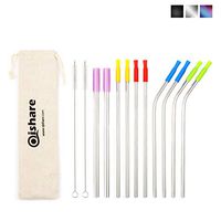 Qishare Set of 10 Stainless Steel Reusable Straws 8.5” Long, with 2 Smooth Wide Diameter Straws for Smoothies and Boba tea,10 Silicone Tips and 2 Cleaning Brushes (Silver)