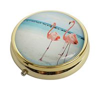 XingBoo Custom New Hot Round Medicine Tablet Pocket Travel Gold Pill Case Vitamin Glass Decorative Box (Beach Flamingos)
