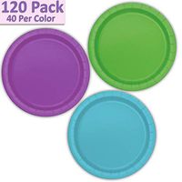 120 Paper Dessert Plates (7") - Lime Green, Pretty Purple, Aqua - 40 Per Color, 3 Colors - Great Assortment for Birthday Parties, Weddings, Holidays, Baby Shower, Celebrations, and more