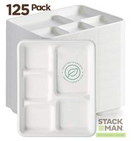 100% Compostable Paper Plate 125-Pack 5-Compartment Bagasse School Lunch Tray, Heavy Duty Quality Disposable Tray, Eco-Friendly Made of Sugar Cane Fibers