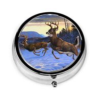 Winter Reindeer David Deer Chinese Vintage Novelty Round Pill Box Pocket 2.2 Inches Medicine Tablet Holder Organizer Case for Purse Unique Gift