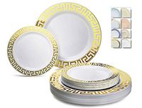 " OCCASIONS" 240 Plates Pack,(120 Guests) Heavyweight Premium Disposable Plastic Plates Set -120 x 10.5'' Dinner + 120 x 7.5'' Salad/Dessert(Milano White and Gold)