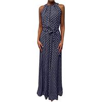 Women's Long Maxi Dress Halter,Ladies Sleeveless Dot Printed Summer Long Beach Dress with Belt
