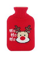 Large 2 Liter Classic Rubber Hot Water Bottle with Red Soft Knit Cover Cute Deer