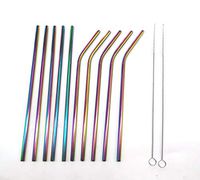 YUEKUI Set of 10 Stainless Steel Metal Straws，Reusable Drinking Straws for Cold Beverage(5 Straight|5 Bent | 2 Brushes) (Rainbow, 8.5)