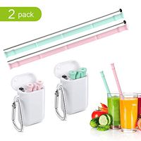Reusable Silicone Drinking Straws Food-Grade Collapsible Straws with one Cleaning Brush and One Portable Case Protect Ocean Creatives Enviromental Easy to Carry Outside 2PCS in 1 Set (Green/Pink)