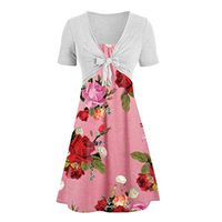 Womens Sunflower Short Sleeve Midi Dresses Bow Tie Front Bandage Suit Summer Casual Cardigan Tops Straps Mini Tshirt Dress Loose Swing Flowy Pleated Floral Sun Dress