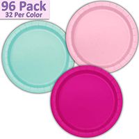 96 Paper Dinner Plates (9") - Light Pink, Mint, Neon Pink - 32 Per Color, 3 Colors - Great Assortment for Birthday Parties, Weddings, Holidays, Baby Shower, Celebrations, and more