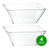 Plasticpro Disposable Elegant Wave Design Square Plastic Clear Serving Bowls Large Size, Heavy Duty, for Party's Snack or Salad Bowl, Pack of 4