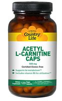 Country Life Acetyl L-Carnitine 500mg Plus Vitamin B6, Metabolism and Energy Production, 120 Vegan Capsules, Non-GMO