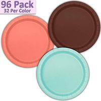 96 Paper Dinner Plates (9") - Brown, Coral, Mint - 32 Per Color, 3 Colors - Great Assortment for Birthday Parties, Weddings, Holidays, Baby Shower, Celebrations, and more