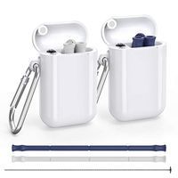 2 Pack Reusable Silicone Collapsible Straws - Portable Food-Grade Drinking Straw with Hard Carrying Case and Cleaning Brush, BPA Free (Blue and Grey)