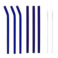 Set of 8 Glass Drinking Straws Shatter Resistant Extra Wide Reusable Drinking Straws Glass Drinking Straws with 2 Clean Brushes Non-Toxic, Eco-Friendly (3xStraight Straws+3x Bent Straws) (Blue)