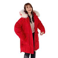 HNTDG Women Down Coat with Fur Hood Down Parka Puffer Jacket Thicker Winter Warm Loose Jacket Long Overcoat Red