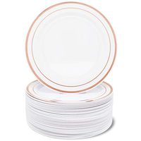 Juvale 50-Pack Elegant Plastic Appetizer or Dessert Plates for Wedding, Birthday, Bridal Shower, White with Rose Gold Rim, 7.5 Inches