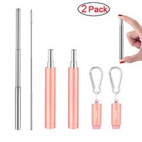 2 Pack Reusable Metal Straws Collapsible Stainless Steel Drinking Straw Portable Telescopic Straw with Case Rose Gold/Rose Gold