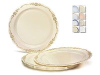 " OCCASIONS" 60 Plates Pack, Disposable Wedding Party Plastic Plates (10'' Dinner Plate, Verona in Ivory & Gold)