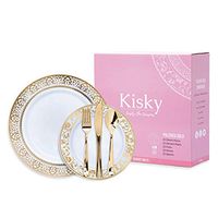 125 Piece Disposable Plastic Plates with Cutlery – 25 X 10" + 25 X 7.5" Floral Design Plates + 25 Spoons + 25 Forks + 25 Knives Perfect for Wedding Party Events -by Kisky Creation