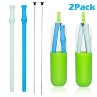Collapsible Reusable Silicone Straws 2 Pack, Professional Foldable Food Grade Drinking Straws, Portable Folding Straws with Carrying Case and Cleaning Brush (Blue + Nordic Green)