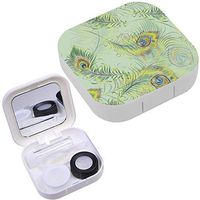 Portable Contact Lens Case Box Travel Kit Mirror + Bottle + Tweezers Container Holder [ Beautiful Peacock Feathers ]