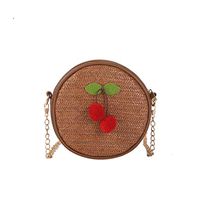 Straw Woven Messenger Bag, Womens Teen Girls Fashion Shoulder Small Round Handbag Cherry Shopping Makeup Packet (Brown, One)