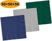 150 Beverage Napkins, Navy blue, Shimmering Silver, Hunter Green - 50 Each Color. 2 Ply Paper Cocktail Napkins. 5" folded, 10" unfolded.
