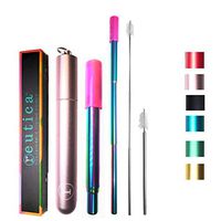 Reutica Collapsible Stainless Steel Straw Key Chain- Telescopic Metal Drinking | Reusable and Portable with Chain Carrying Case for 12-to-40 Oz Tumbler, Cup, Bottle, Coffee Mug (Pink-Multichrome)