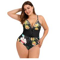 Sunhusing Ladies Sexy Deep V-Neck Boho Printed High Waist Drawstring Lace Up One-Piece Bikini Swimsuit Set(Yellow,M)