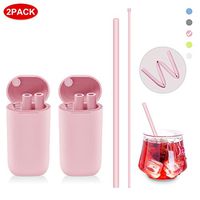 PYRKIA Collapsible Reusable Straw 2 Pack, Portable Foldable Drinking Straws Non-metal Silicone with Case Keychain & Cleaning Tool for Travel, Household, Outdoor, Party(Pink & Pink)